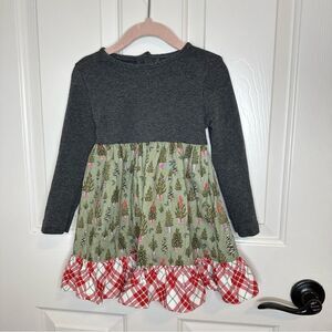 Ricrac & Ruffles Heather Grey Christmas Tree Plaid Novelty Print Tiered Dress 3T